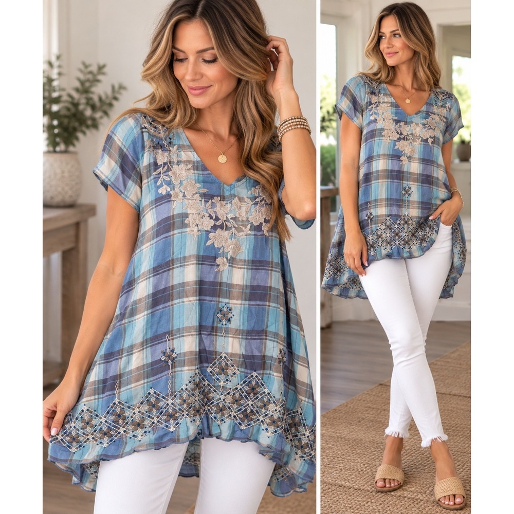 Johnny Was Top Plaid Embroidered Tencel Boho Ruffle Blouse Blue M